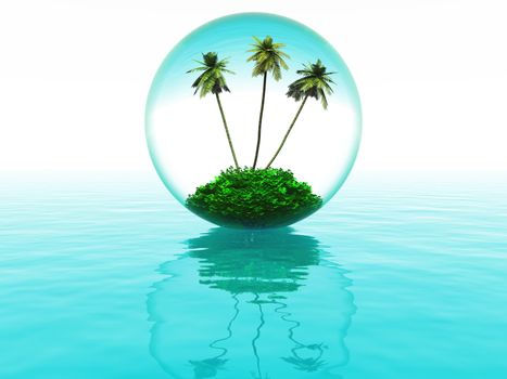 abstract liquid bubble with palm trees inside and their reflections