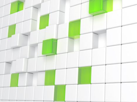 Abstract background consisting of white plastic and green glass cubes