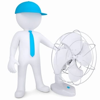 3d man with a desktop fan. Isolated render on a white background