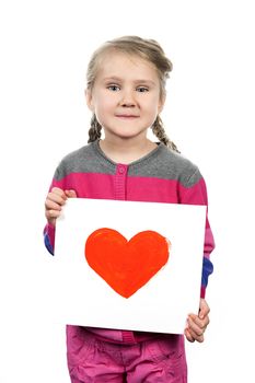 Drawn heart in girl hands on white background