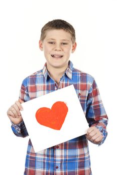 Drawn heart in boy hands on white background