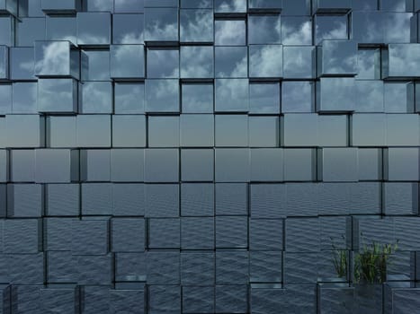 reed on water reflect in chrome cubes wall - 3d illustration