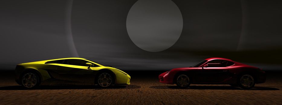 two cars yellow and red and landscape