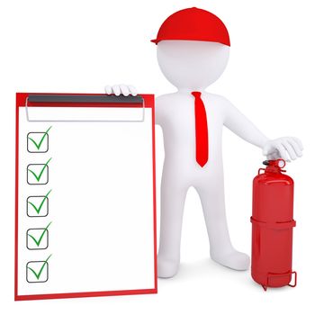 3d man with a fire extinguisher and checklist. 3d render isolated on white background