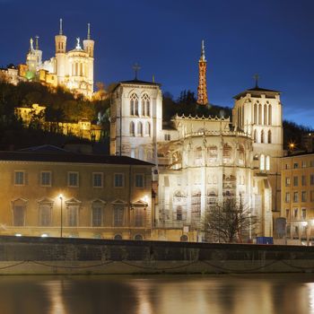 Famous view of Lyon over the Saone river at night