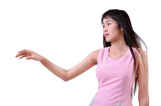 Sad beautiful woman standing against a white background