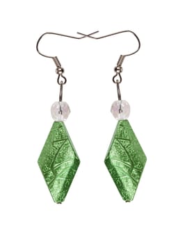 Earrings in silver diamond-shaped light green on a white background. Collage.
