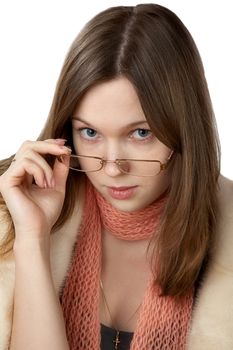 The girl in  fur coat and , isolated on a white background