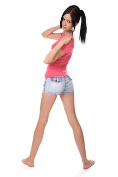 girl in shorts to the utmost on a white background