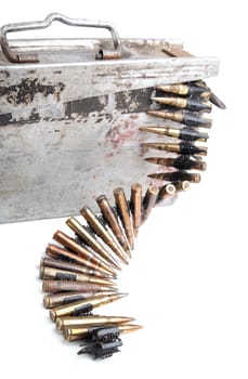 Machine-gun tape with cartridges of times  Second World War on a white background