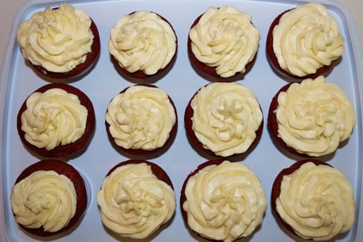 Tray of red velvet cupcakes with buttercream icing.