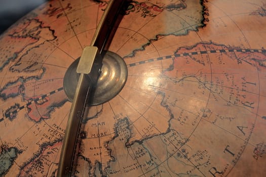 Detail of a old map on a globe from the 18th century