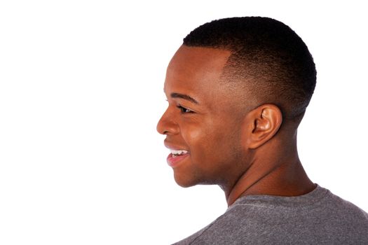 Neck and side of face happy smiling man, isolated.