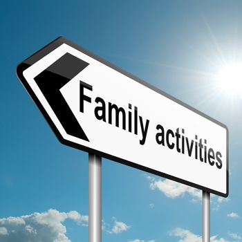 Illustration depicting a road traffic sign with a family activities concept. Blue sky background.