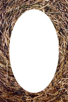 Isolated oval place for text or photograph image photoframe frame. Close-up of straw bales.