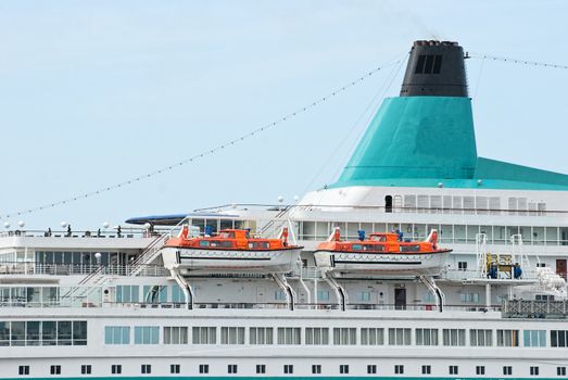 Lifeboats on cruise ship. Baltic Sea. Finland.