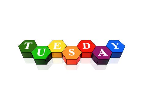 3d coloured hexagons with letters makes tuesday