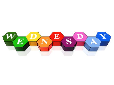 3d coloured hexagons with letters makes wednesday