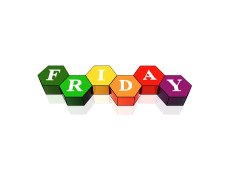 3d coloured hexagons with letters makes friday