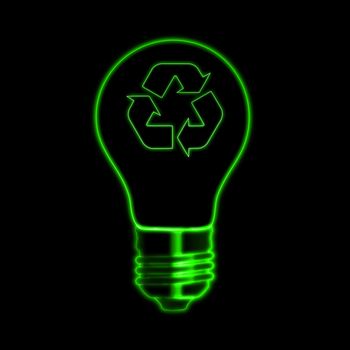 illustration of glowing green bulb with recycle sign