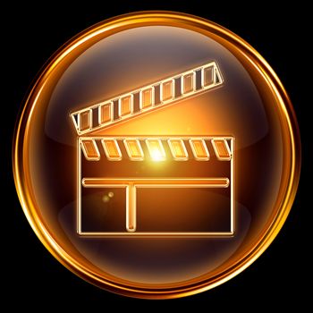 movie clapper board icon golden, isolated on black background.