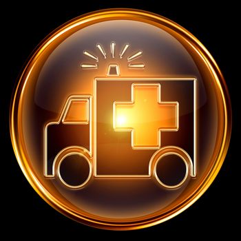 First aid icon golden, isolated on black background.