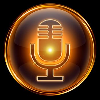 Microphone icon golden, isolated on black background.