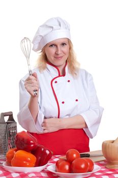 Portrait of attractive cook woman, holding whisk