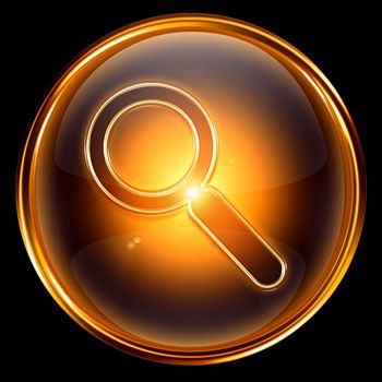 magnifier icon gold, isolated on black background 