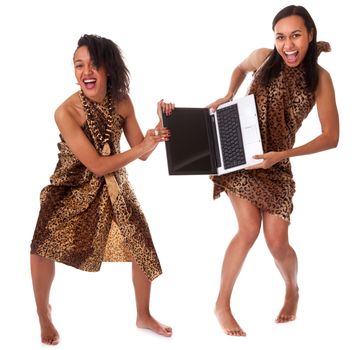 Competition between two barefoot girls in animal print for one laptop