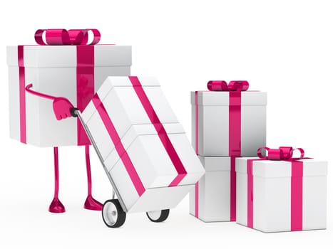 pink christmas gift box hold hand truck