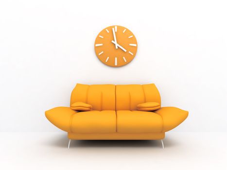 Orange sofa and clock in modern interior of a light living room