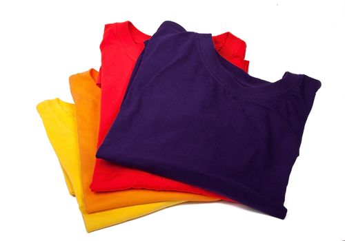 yellow, orange, red and violet t-shirts