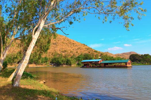 Floating house on the Kwai river Kanjanburi, Thailand 