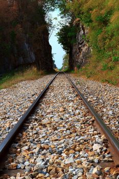 Railway beside the River Kwai in Kanchanaburi Thailand.