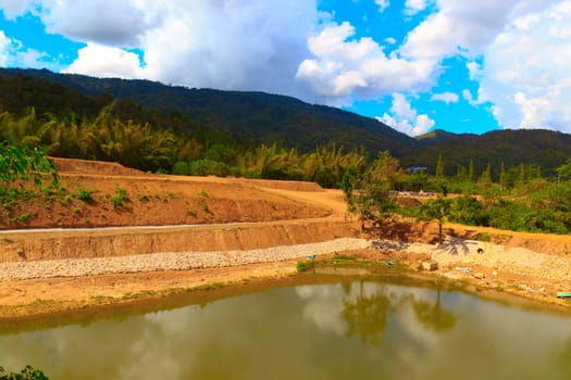 Reservoir under mountains, Natural water source.