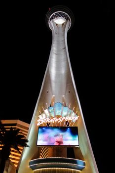 Las Vegas, USA - August 26, 2009: The Stratosphere Las Vegas hotel and casino opened in Nevada in 1996.  The Stratosphere Tower seen here is the tallest structure in Las Vegas standing at over 1,100 feet in height. 