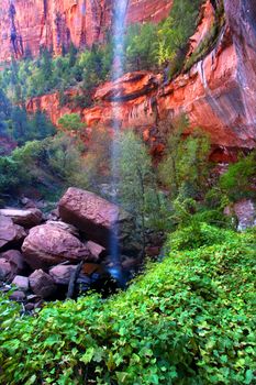 Waterfall flows into the Lower Emerald Pools of Zion National Park in Utah.