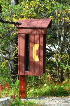 Rustic payphone booth nestled amongst vegetation in Canada.