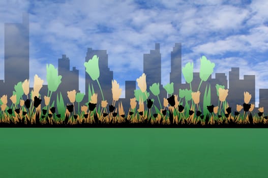 Building silhouettes of a city and flower