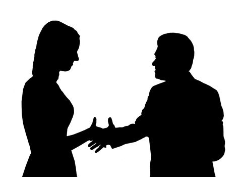 the man shaking hand to young woman on the white background