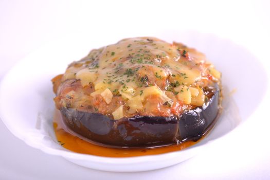 eggplant stuffed with peppers, minced meat and cheese