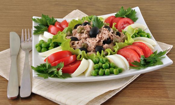 Tuna with olives and capers and surrounded by diced vegetables