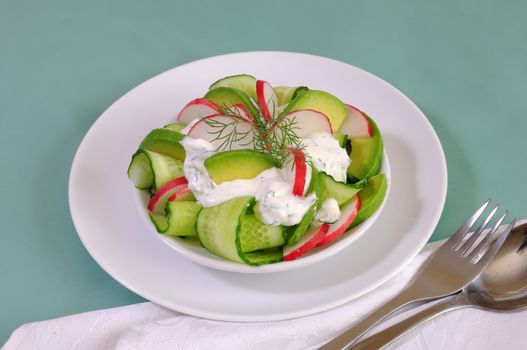 Cucumber salad with radish and avocado cream sauce and dill