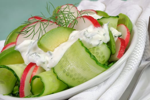 Cucumber salad with radish and avocado cream sauce and dill