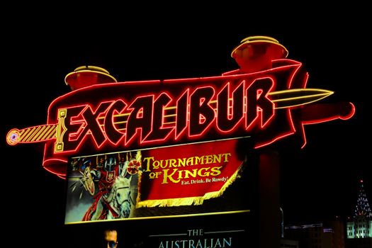 Las Vegas, USA - May 23, 2012: Main street sign of the Excalibur Hotel and Casino on the Las Vegas Strip. The Excalibur was opened in the year 1990.