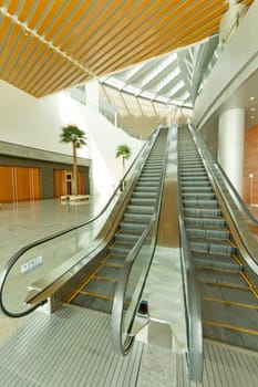 Two steep escalators inside the newly constructed African Union Hall in Addis Ababa, Ethiopia