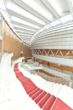 Long marble stars with red carpet leading down to the main floor of the newly constructed African Union Hall in Addis Ababa, Ethiopia