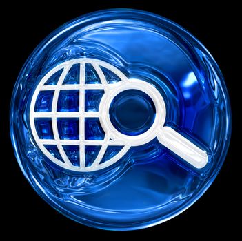 globe and magnifier icon blue, isolated on black background.