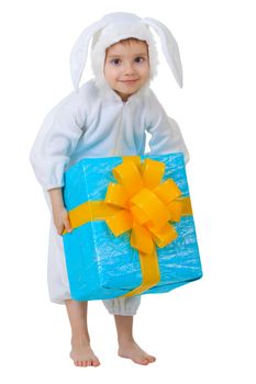 A child dressed as a rabbit with a gift in a box isolated on white background